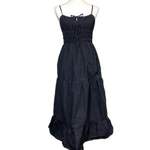 Forever 21 Womens Medium Midi Tiered Lined Dress Black Smocked Boho Milkmaid Y2K